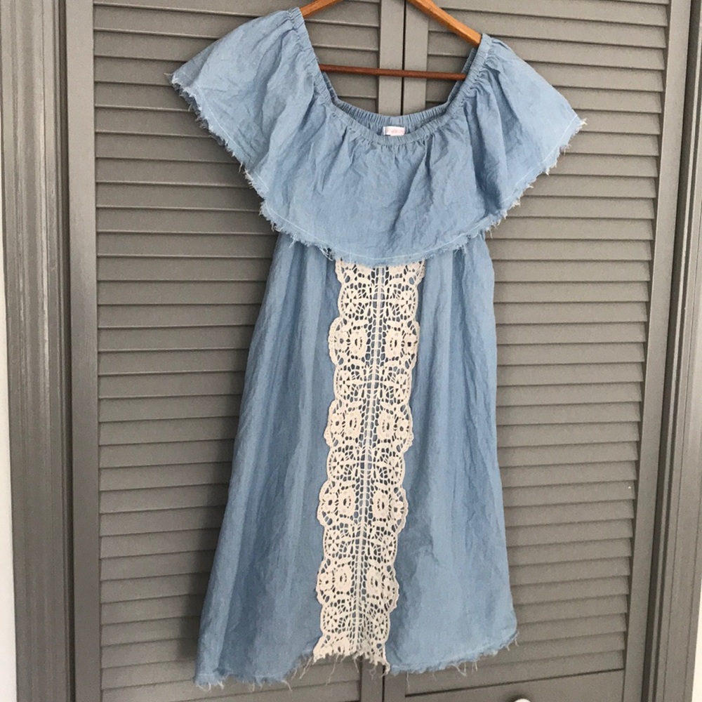 Blue jean dress with white embroidery